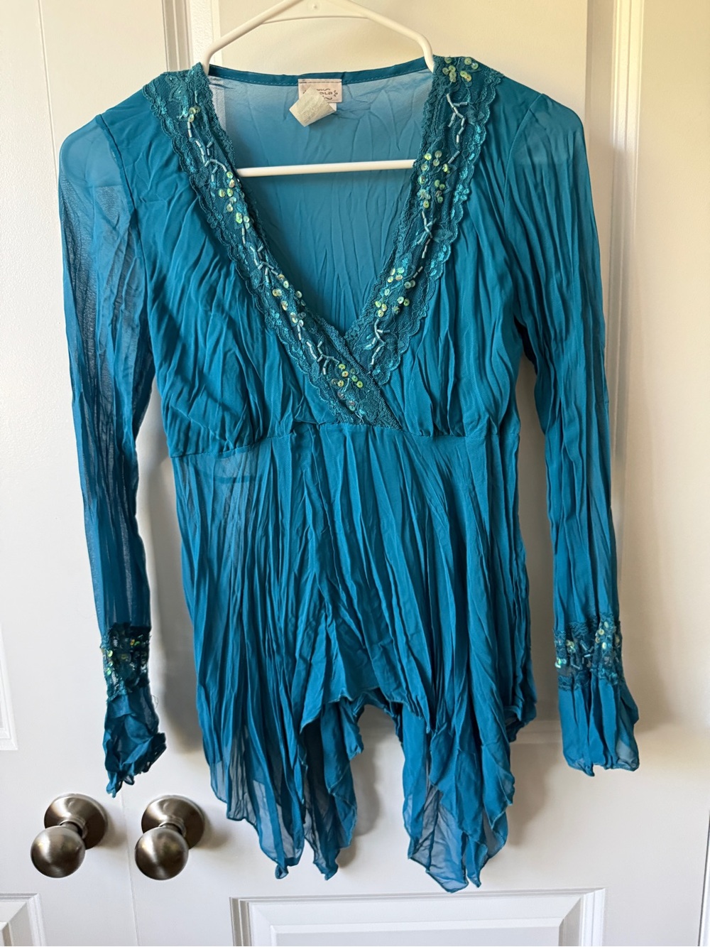 Diesel Teal V-Neck Long-Sleeve Handkerchief-Hem Blouse